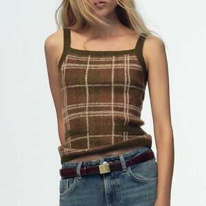ZARA green and brown/pink plaid knit sweater vest top size small